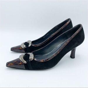 Stuart Weitzman Black Suede Pumps w/Tortoise Patent‎ Toe/Heel and Silver Accent